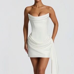 Zenina White Ruched Ribbon Detail Mini Dress